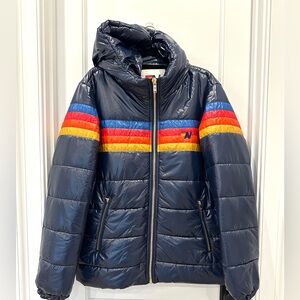 AVIATOR NATION 4 STRIPE LUXE TREKKER HOODIE JACKET - GLOSSY NAVY SIZE XL